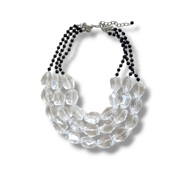 Cookie Lee | NWOT Chunky Black/Clear Tiered Crystal Beaded Statement Necklace - Picture 2 of 7